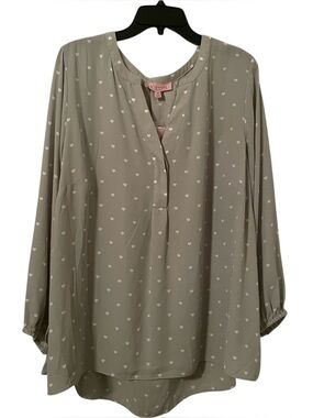 Philosophy Women's Taupe Green White Heart Print Split V-Neck Top Size 2X